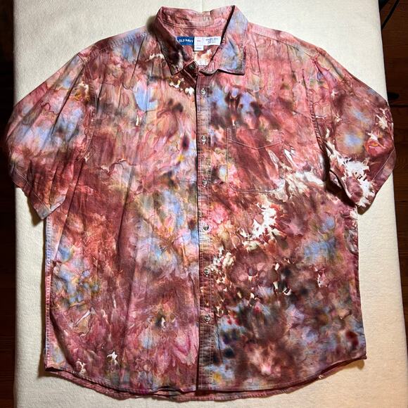 Custom Tie Dye Men’s 2XL Short Sleeve Linen Blend Button Down Shirt Red Brown - Picture 4 of 13